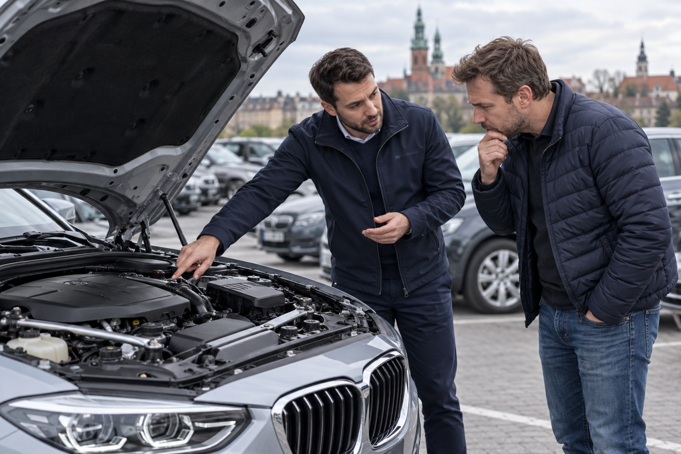 Doradca i klient wspólnie oglądają samochód przed zakupem